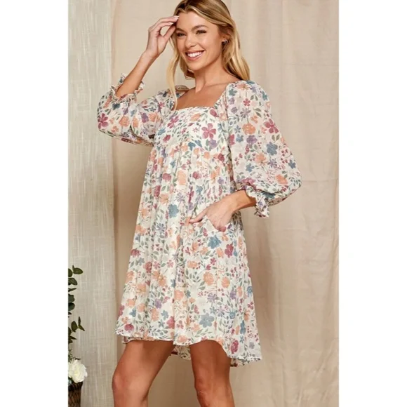 SOLD OUT Boho Spring Multi Color Floral Babydoll Short Sleeve Mini Dress - Picture 2 of 6